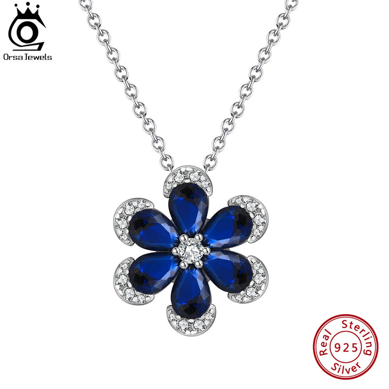 925 Sterling Silver Created Sapphire Flower Necklace for Women