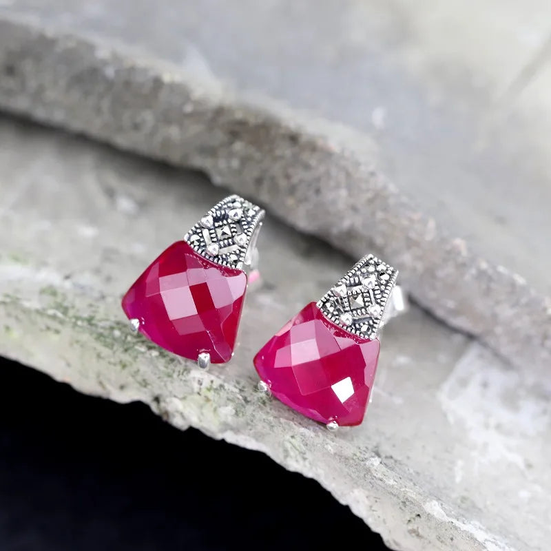 Sterling Silver Red Gemstone Stud Earrings for Women