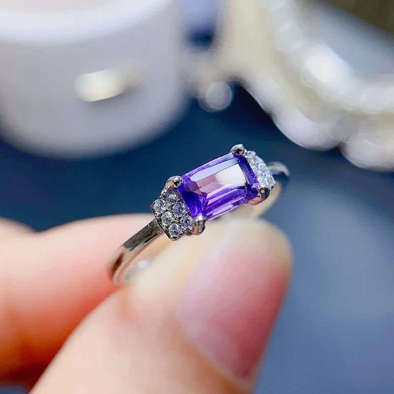 925 Silver Natural Amethyst Square Ring (4x6mm), for Women