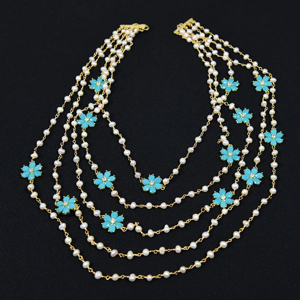 Gold Plated Natural White Pearl and Blue Jade Crystal Flower Necklace for Women