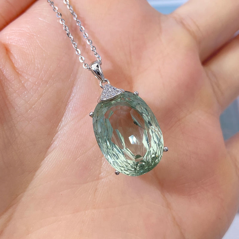 925 Sterling Silver Natural Green Crystal Oval Pendant for Women