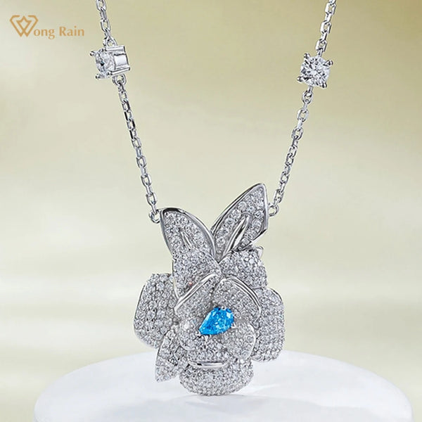 Wong Rain 925 Sterling Silver Aquamarine High Carbon Diamond Gemstone Flower Pendant Necklace for Women Jewelry Anniversary Gift