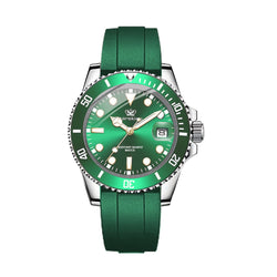 Silicone Strap Green Dial Diver Watch, Waterproof Date Quartz, Men