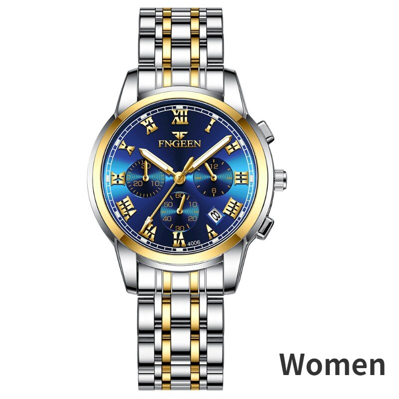 Stainless Steel Black Luminous Calendar Date Watch with three eyes and six pins for Men and Women