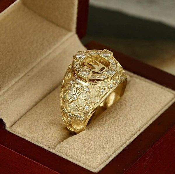 Gold Tone Crystal Zircon Carved Pattern Rings for Men