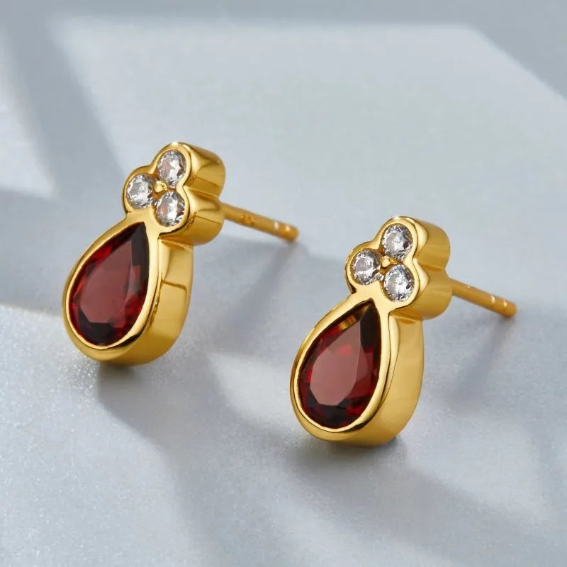 Sterling Silver Gold-Plated Red Garnet Zircon Stud Earrings for Women