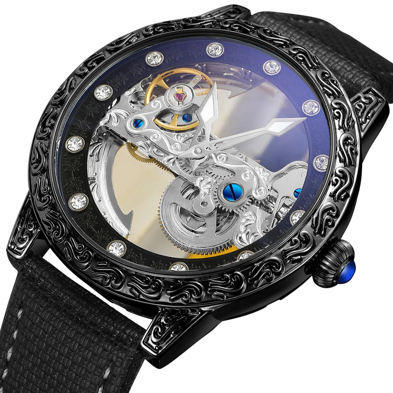 Automatic Mechanical Skeleton Watch with Leather Strap for Men