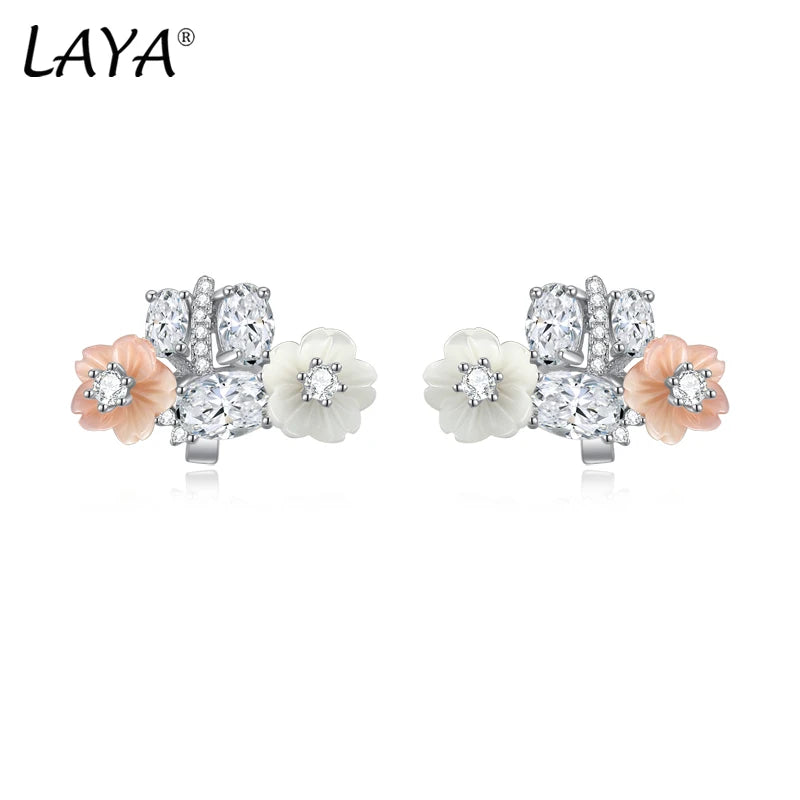 Sterling Silver White Pink Flower Zircon Earrings for Women