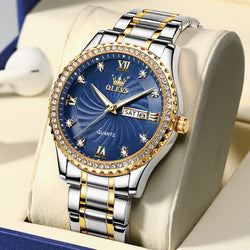 Stainless Steel Diamonds Quartz Luminous Date Week Wrist Watch for Men