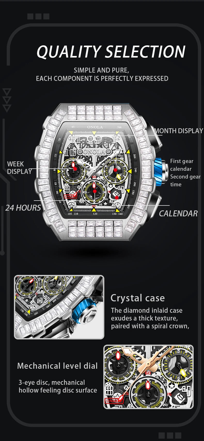 Silver Fully Automatic Mechanical Watch with Diamond Inlaid Waterproof Tape, for Men