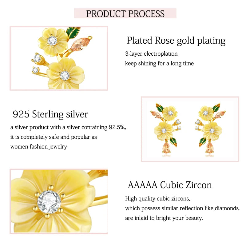 Sterling Silver Yellow Shell Flower Earrings with Zircon