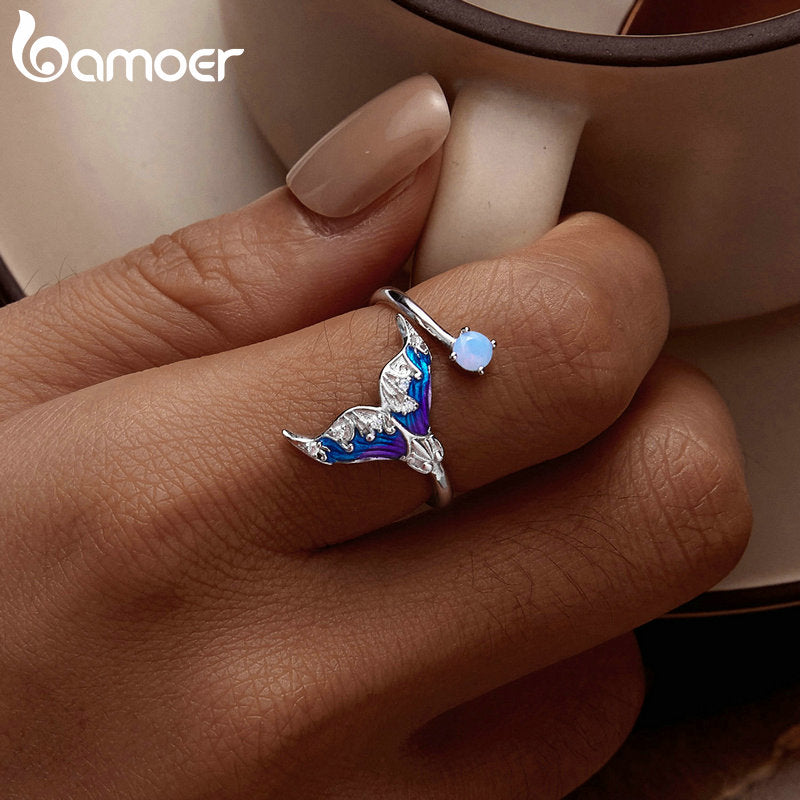 925 Sterling Silver Fantasy Mermaid Tail Opening Ring Colorful Enamel for Women