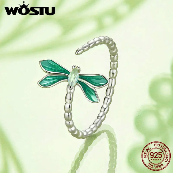 Sterling Silver Green Dragonfly Ring & Earrings Set for Women