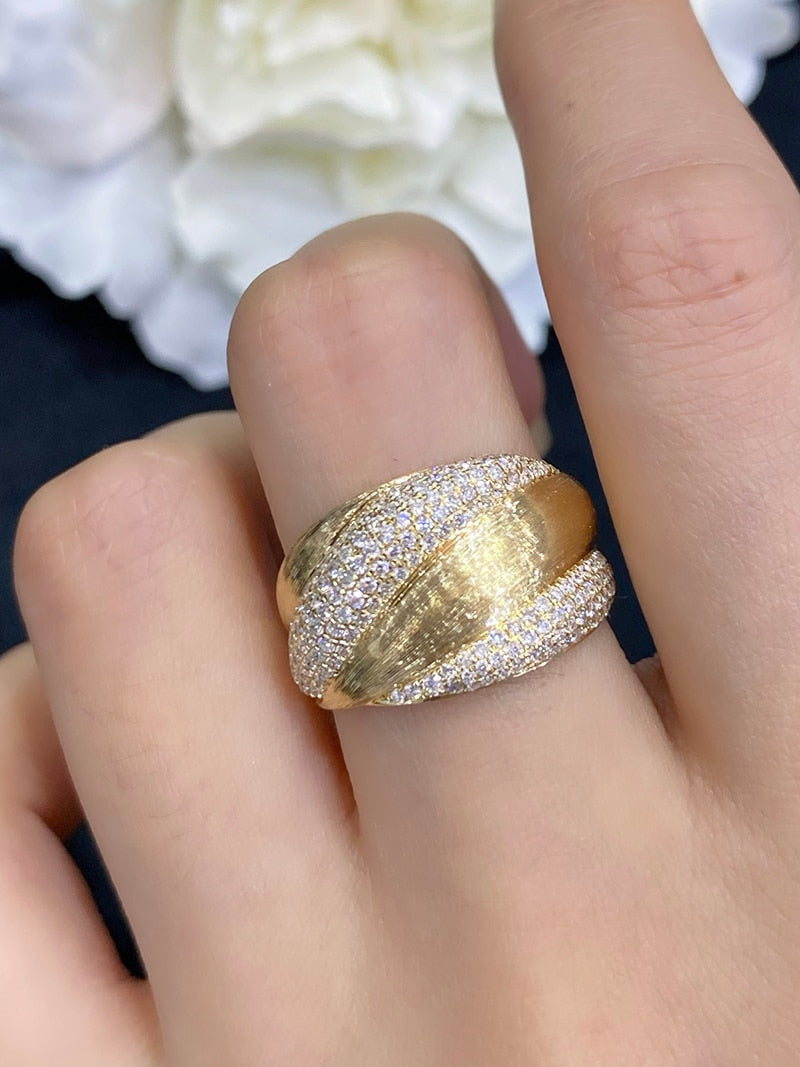 18K Yellow Gold Real Natural Diamond Napoleon Wide Tie Shape Ring for Women