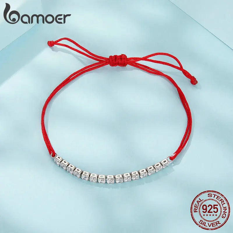 925 Sterling Silver Red Rope Bracelet with Shiny Zircon Accents for Women