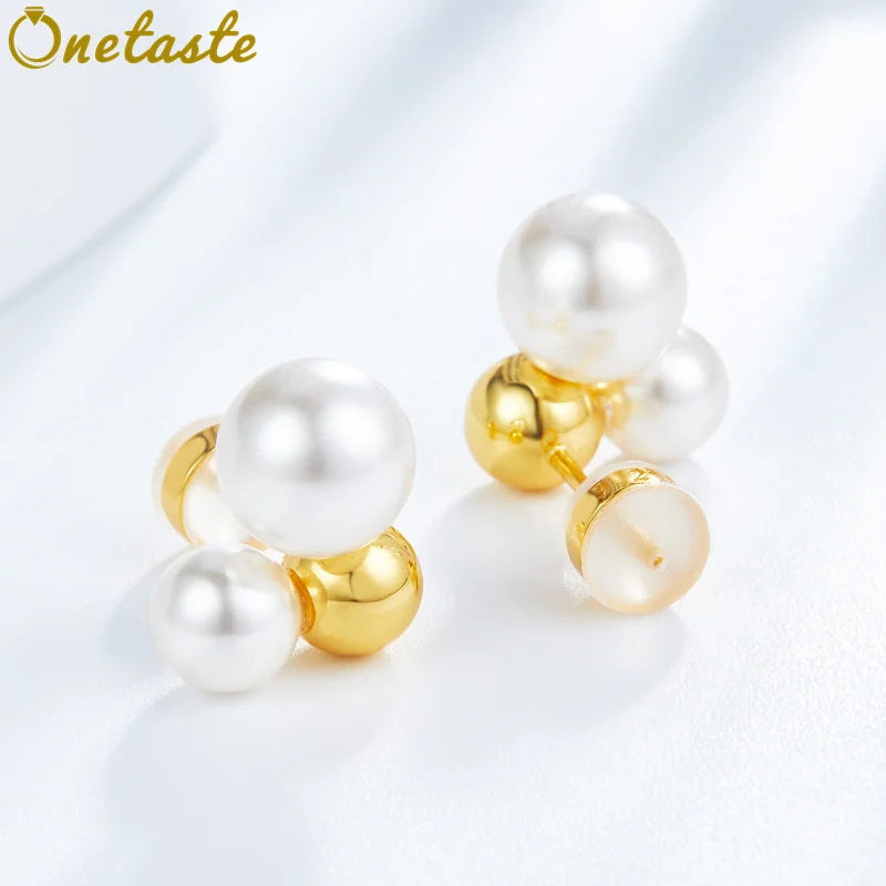 Sterling Silver Shell Pearl Studs Earrings Geometric for Women