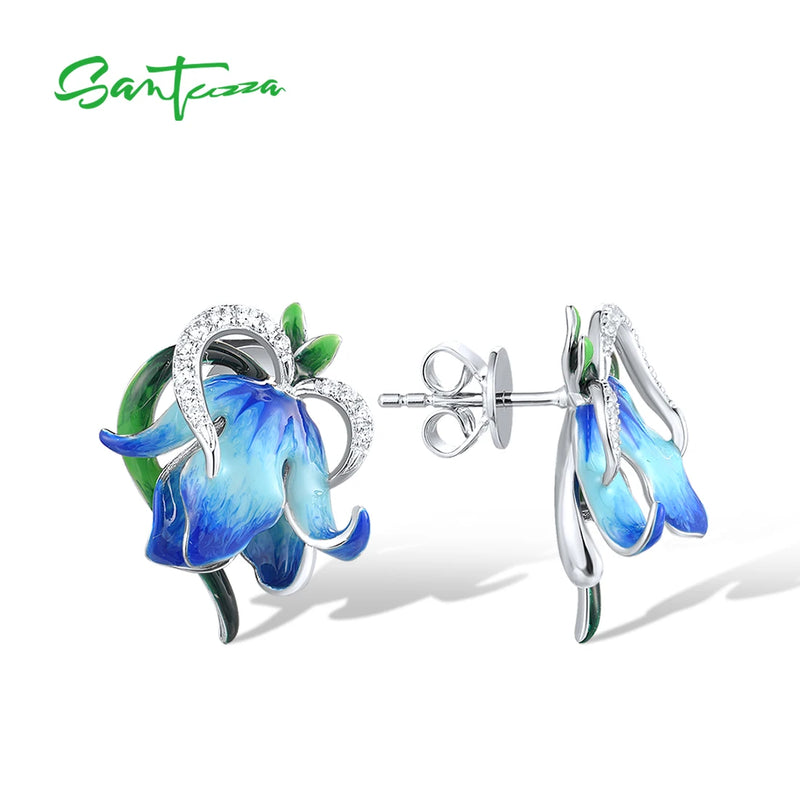 Sterling Silver Sparkling White CZ Blue Enamel Flower Earrings for Women