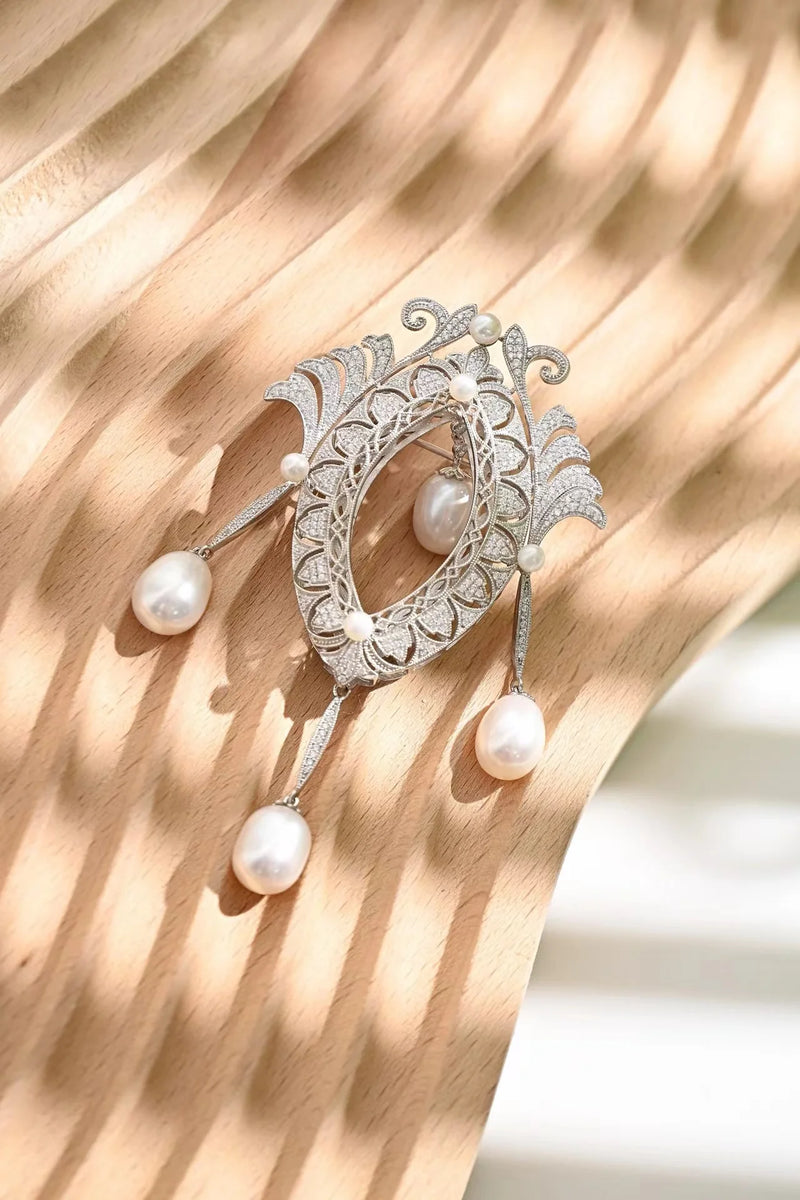 925 Sterling Silver Freshwater Pearl White Sapphire Diamond Brooches for Engagement