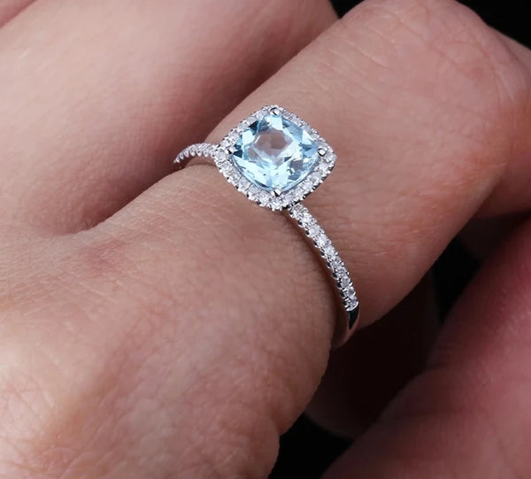 14k White Gold Aquamarine Ring with Diamonds for Women