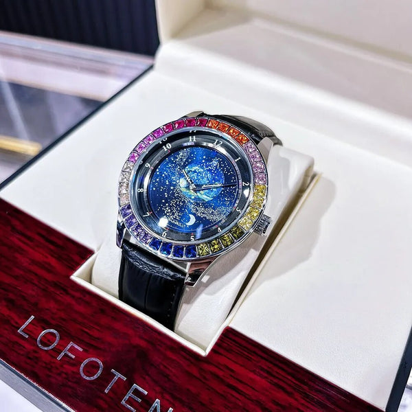 Stainless Steel Rainbow Rotating Star Dial Automatic Watch for Men