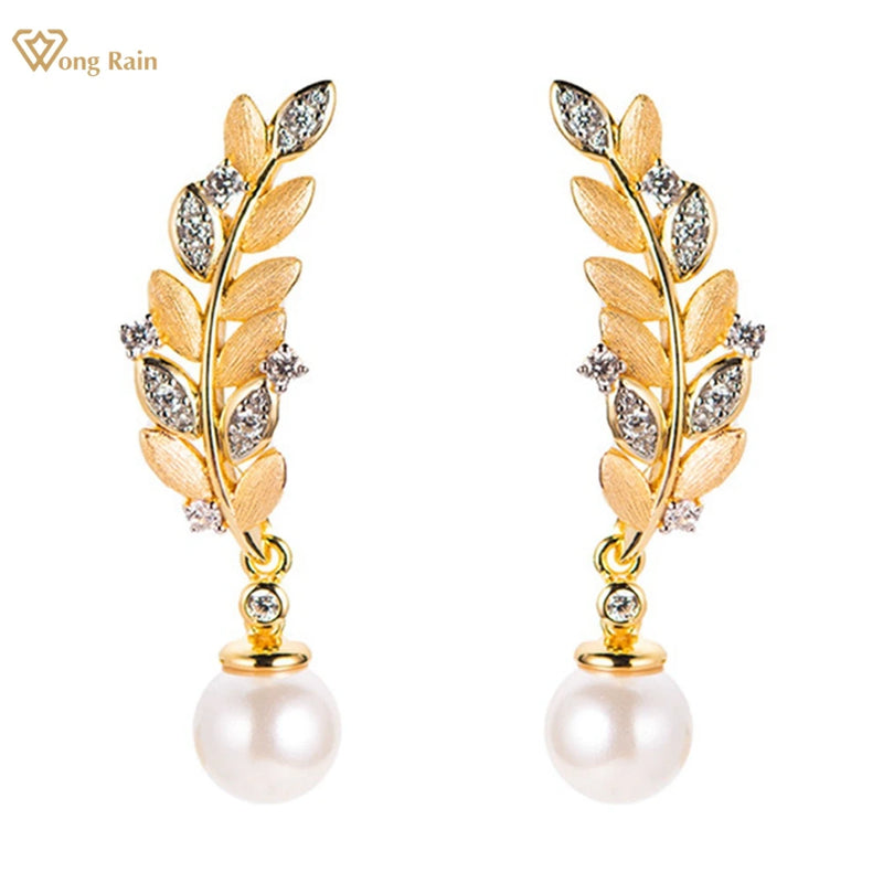 18K Gold Plated Sterling Silver Pearl Diamond Earrings for Women