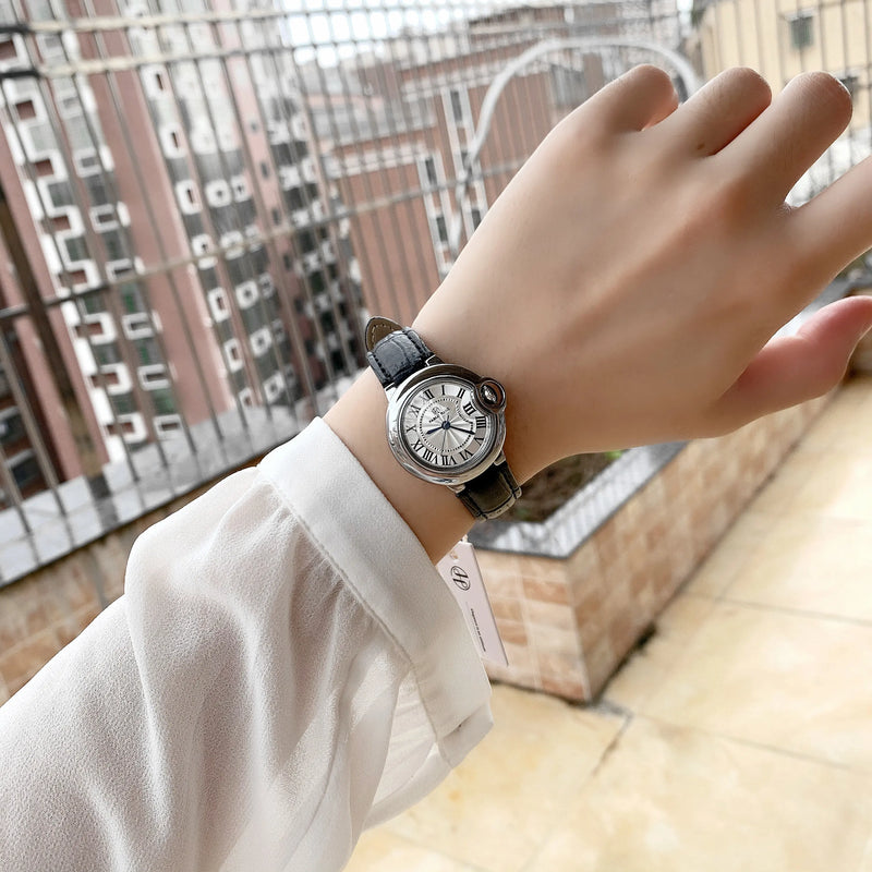 Luxury Watch for Women: Elegant Black Leather Casual Timepiece with Blue Balloon Design