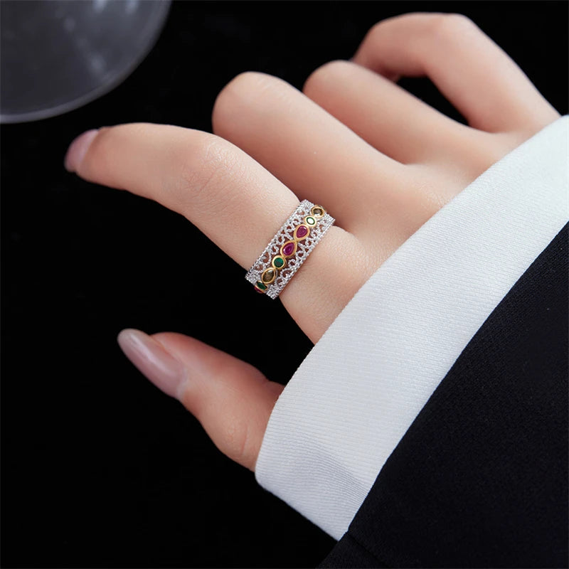 Sterling Silver Wide Open Lace Hollow Zircon Ring for Women