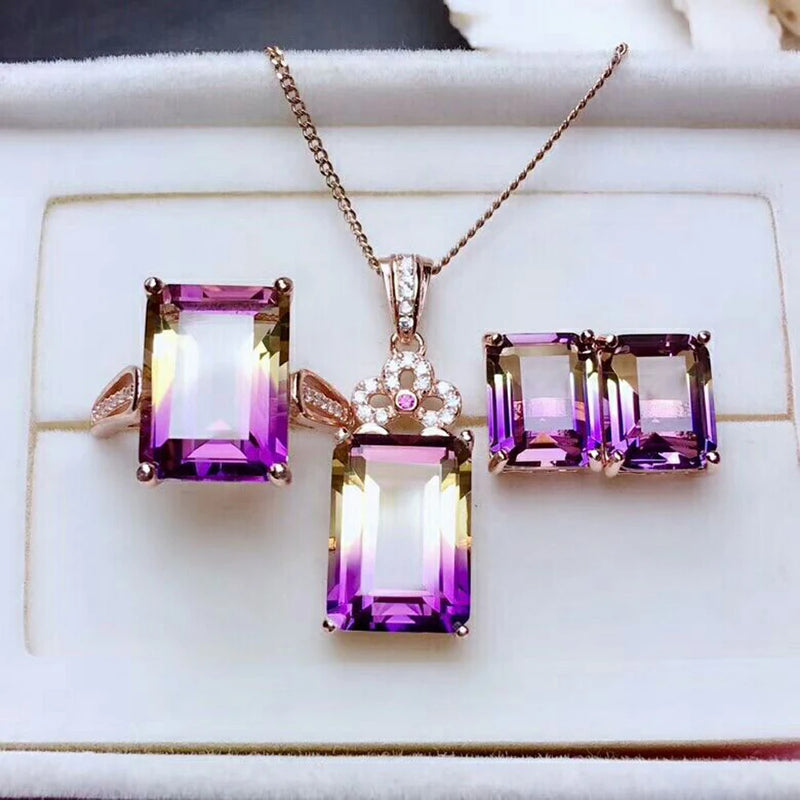 925 Sterling Silver Ametrine Necklace, Earrings & Ring Set for Women