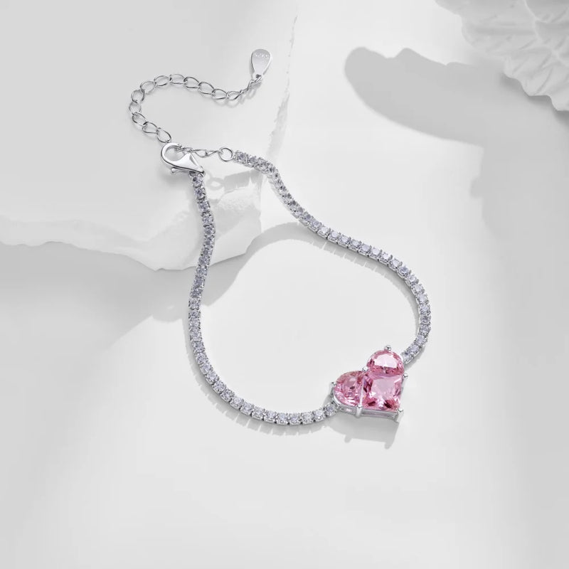 Sterling Silver Diamond Pink Heart Tennis Bracelet for Women