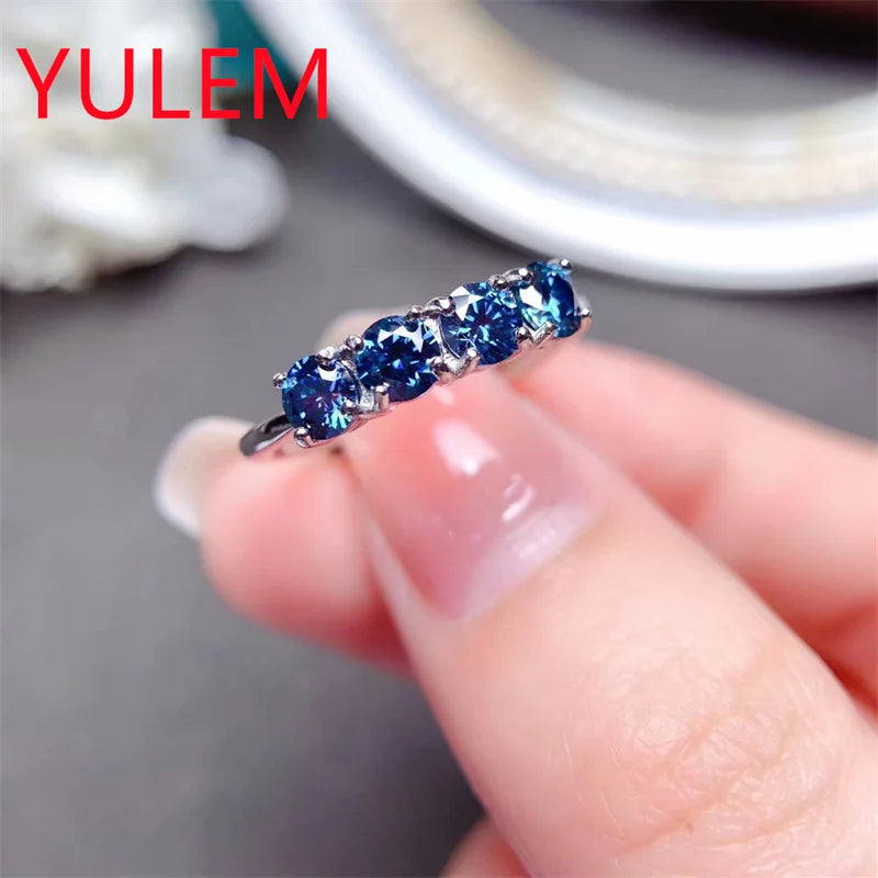 925 Sterling Silver Blue Moissanite Band Ring for Women