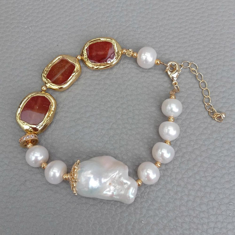 Silver Freshwater Cultured Pearl & Carnelian Charm Bracelet