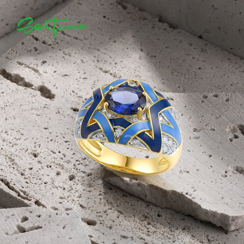 Sterling Silver Blue Spinel Enamel Ring for Women