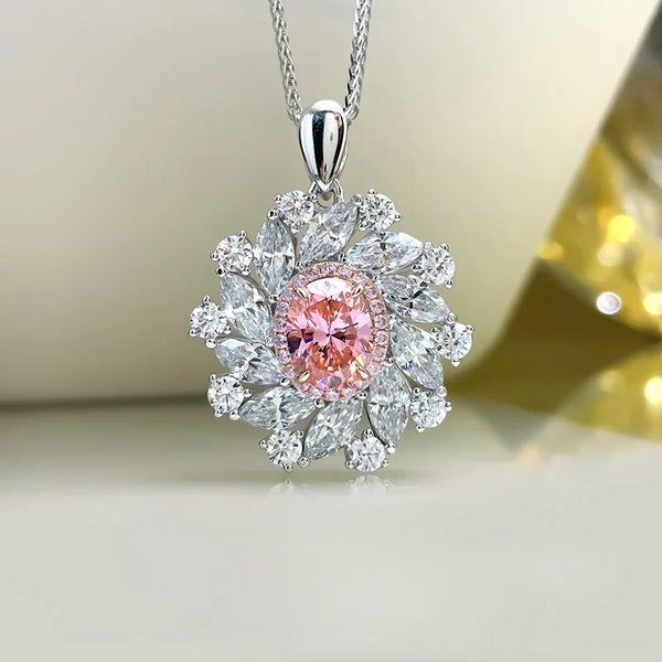 925 Silver Pink Diamond Pendant Necklace for Women