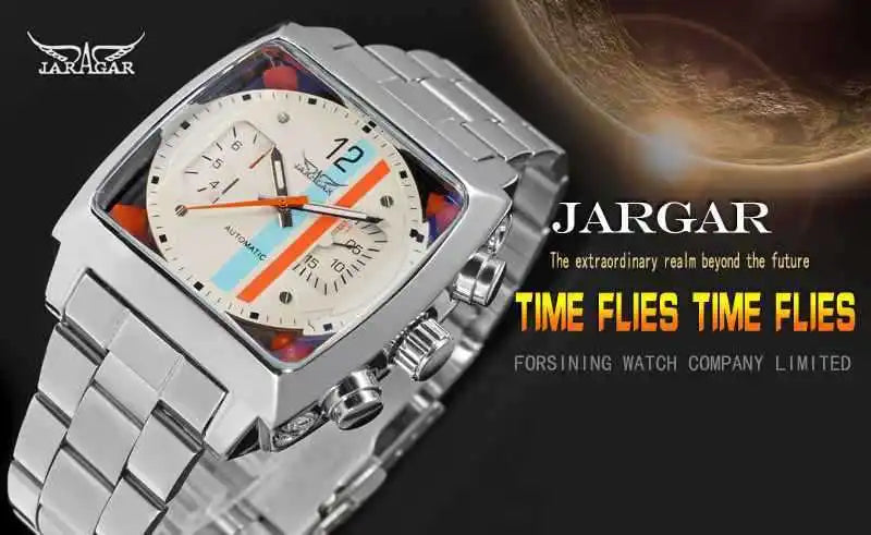 Stainless Steel Square Automatic Mechanical Watch with Date and Week for Men