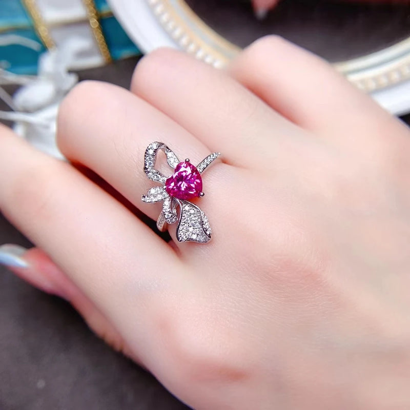 925 Sterling Silver Pink Moissanite/Garnet/Topaz Bow Heart Ring for Women