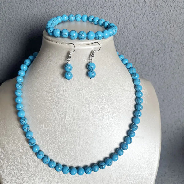 Sterling Silver Black Line Blue Turquoise Natural Stone Jewelry Set for Women