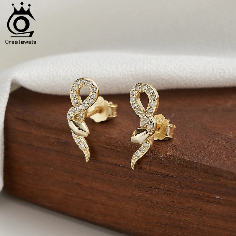 925 Silver Snake Stud Earrings with Cubic Zircon for Women