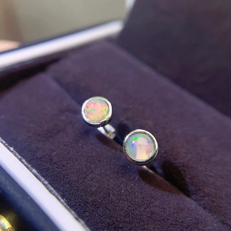 Silver 4mm Round Opal Stud Earrings for Women