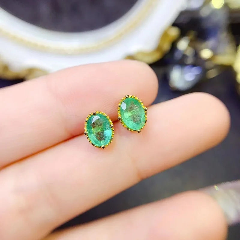 Sterling Silver Oval Cut Natural Colombian Emerald 5x7mm Earrings for Women