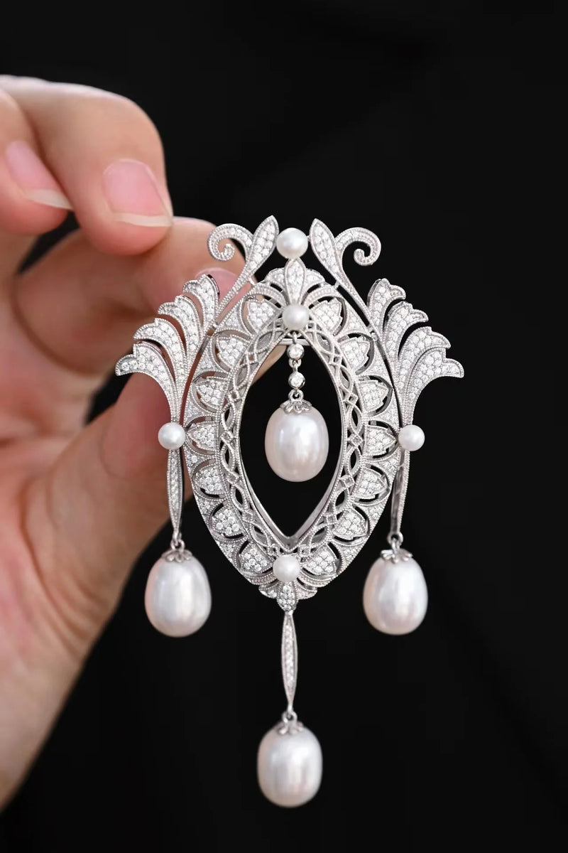 925 Sterling Silver Freshwater Pearl White Sapphire Diamond Brooches for Engagement