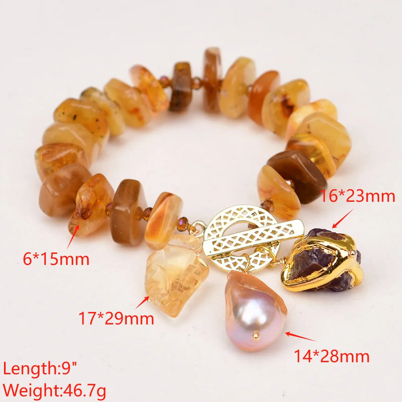 Gold 9'' Natural Mix Color Amber Slice Nugget Strand Bracelet Pink Keshi Pearl Citrine Leaf Charms for Women