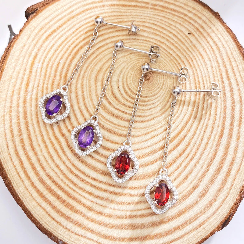 Sterling Silver Garnet Amethyst CZ Clover Earrings for Women