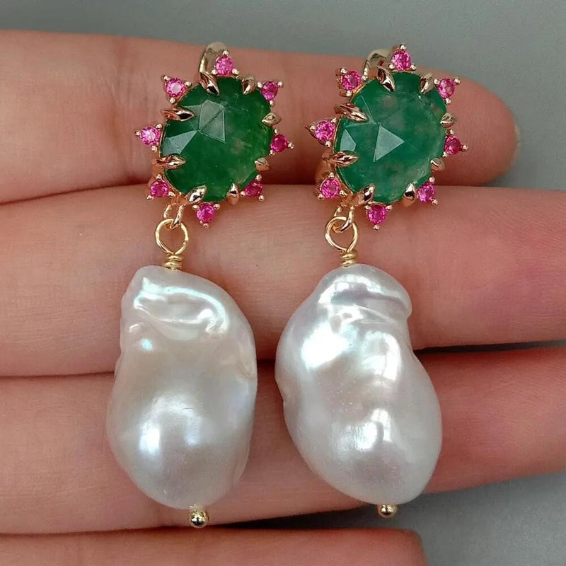 Silver Cultured White Keshi Pearls and Green Aventurine Drop Earrings for Women