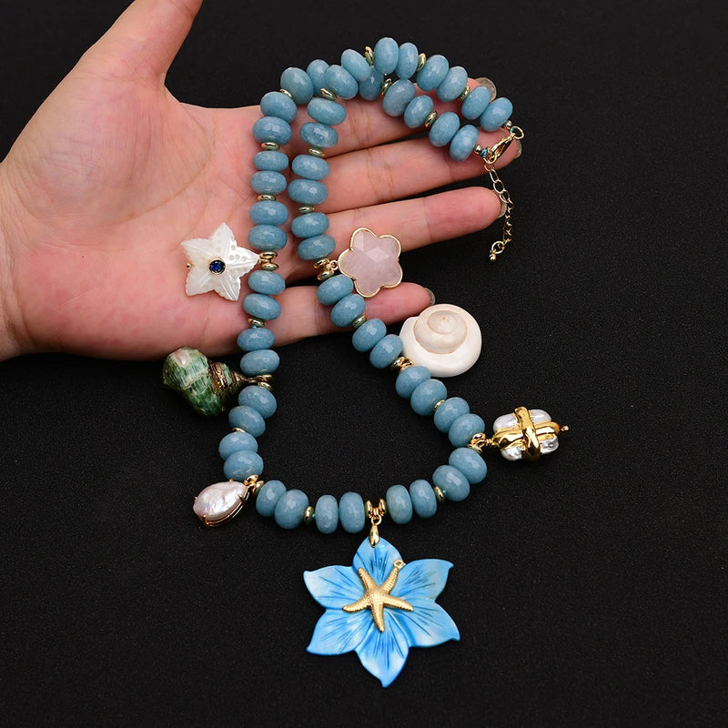 Natural Blue Jade Quartz and White Pearl Multi Shell Stone Pendant Necklace for Women