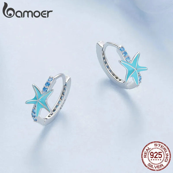 Sterling Silver Blue CZ Starfish Huggie Hoop Earrings for Women