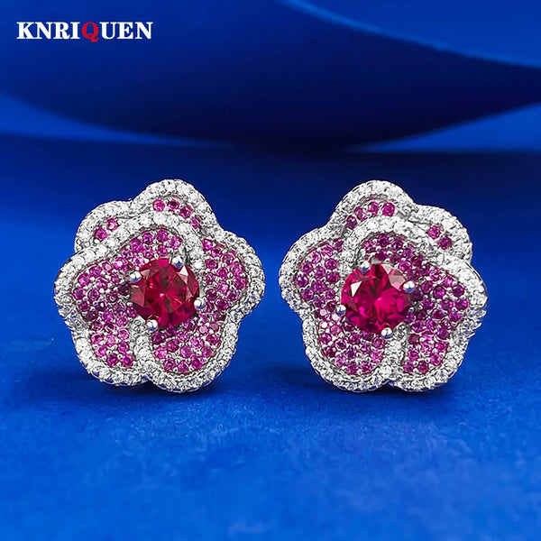 Sterling Silver 0.10cttw Blood Red Ruby Flower Stud Earrings for Women