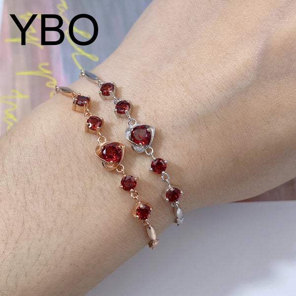 925 Sterling Silver Red Garnet Heart Bangle Bracelet for Women