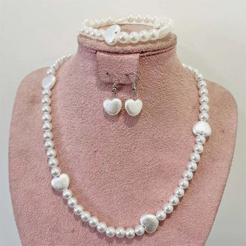 Plastic White Pearls Jewelry Set Necklace Earring Bracelet Chain Choker for Women