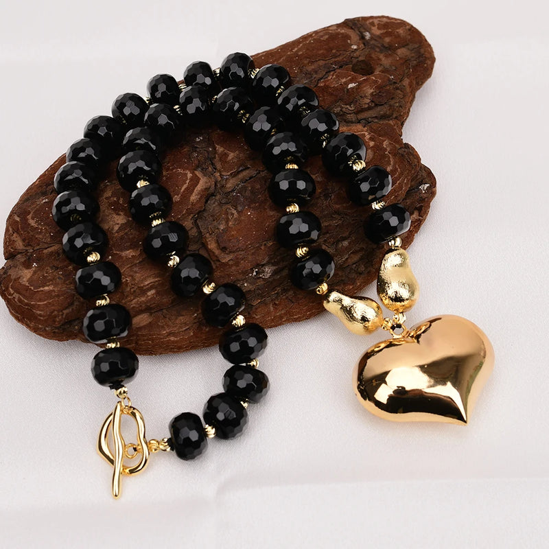 Gold Plated Black Onyx Abacus Shaped Heart Pendant Necklace for Women