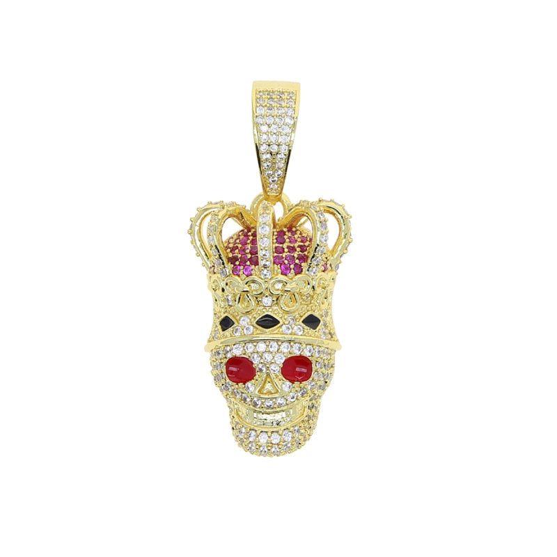 Gold Plated Iced Out Cubic Zirconia Crown Shaped Skull Pendant for Men